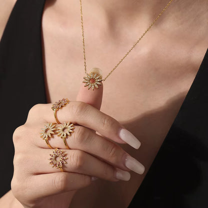 18K Gold-Plated Stainless Steel Ring Red White Zircon Sun Pendant Necklace Golden Bracelet Women'S Luxury Jewelry 3Pcs Set