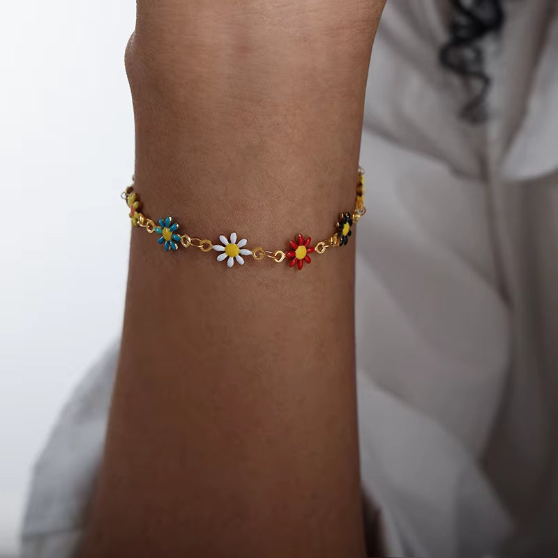 Modern Stainless Steel Necklace Bracelet for Women Flower Set Bohemian Colorful Oil Dropping Fashion Jewelry Accessories