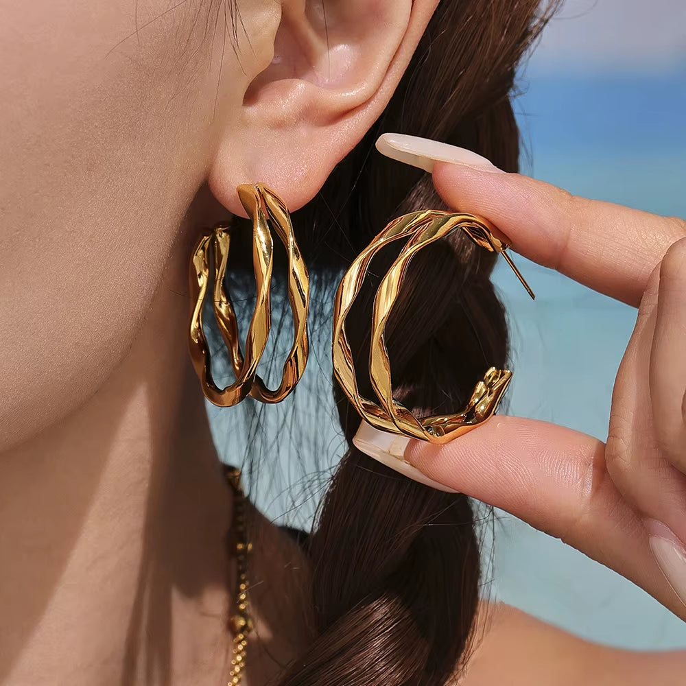 18K Gold-Plated Stainless Steel Earrings Large Stud for Women Golden and Silver Double-Layer Hoop Earrings Femme Luxury Jewelry