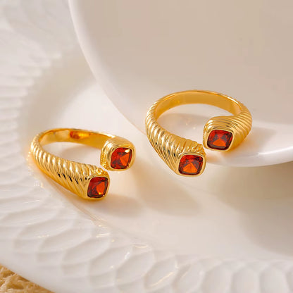 Stainless Steel Red Square Zircon Ring for Women Luxury Gold Plated Striped Open Ring Girl Wedding Jewelry Accessories Wholesale