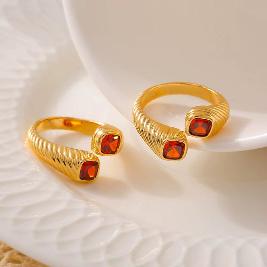 Stainless Steel Red Square Zircon Ring for Women Luxury Gold Plated Striped Open Ring Girl Wedding Jewelry Accessories Wholesale