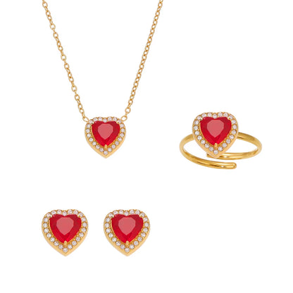 Red Zircon Heart-Shaped Pendant Necklace 316 Stainless Steel Ring Luxury Gold-Plated Earring Set Women'S Wedding Jewelry Gift