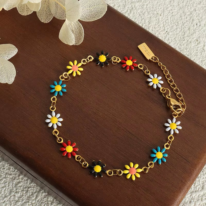 Modern Stainless Steel Necklace Bracelet for Women Flower Set Bohemian Colorful Oil Dropping Fashion Jewelry Accessories