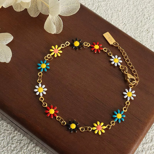 Modern Stainless Steel Necklace Bracelet for Women Flower Set Bohemian Colorful Oil Dropping Fashion Jewelry Accessories