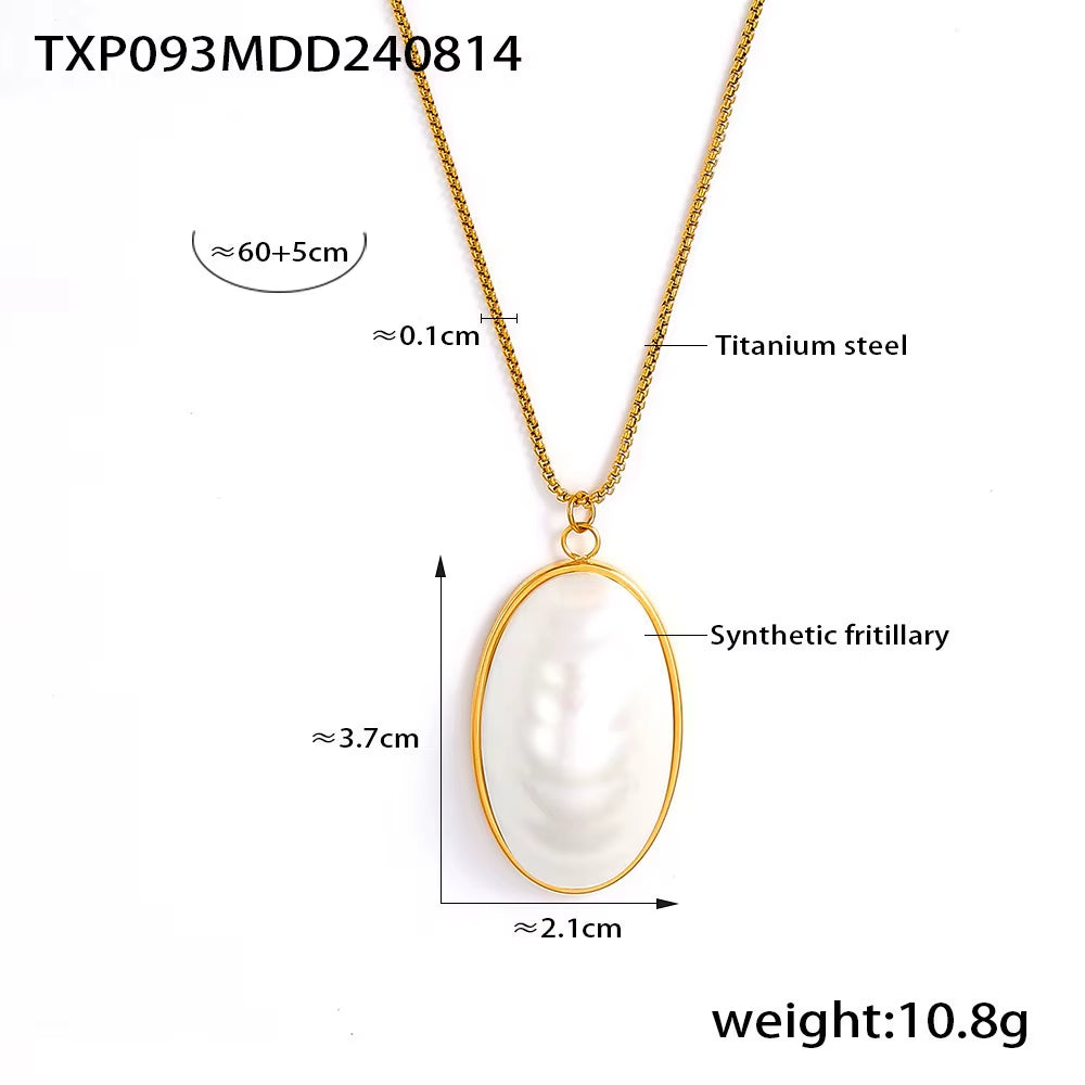 Stainless Steel Gold Plated Open Ring White Shell Oval Pendant Necklace Earrings Set Elegant Jewelry Accessories for Women