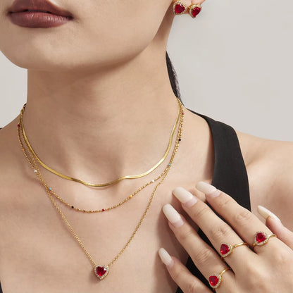 Red Zircon Heart-Shaped Pendant Necklace 316 Stainless Steel Ring Luxury Gold-Plated Earring Set Women'S Wedding Jewelry Gift
