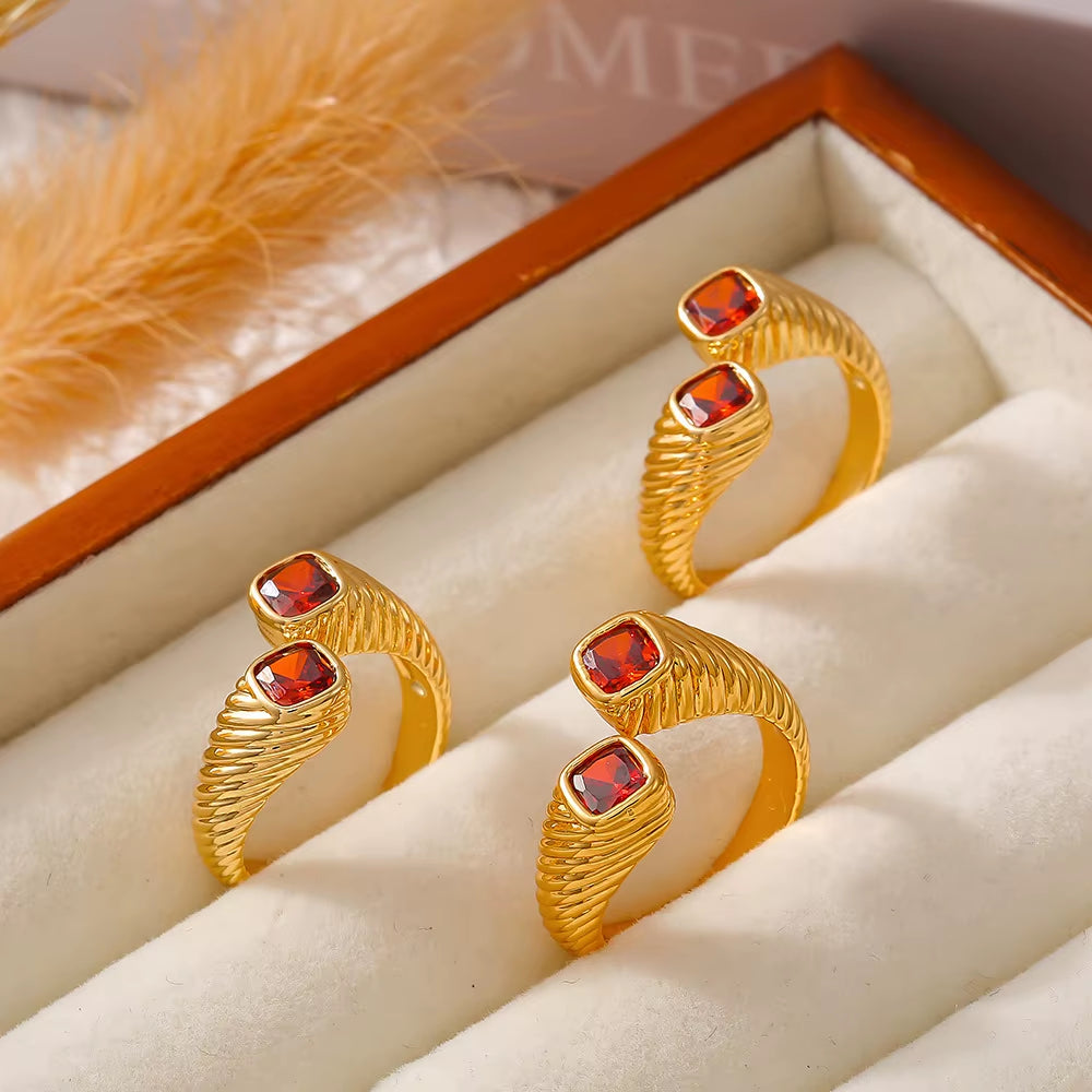 Stainless Steel Red Square Zircon Ring for Women Luxury Gold Plated Striped Open Ring Girl Wedding Jewelry Accessories Wholesale