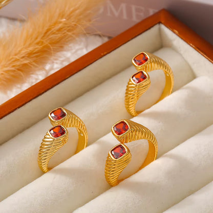 Stainless Steel Red Square Zircon Ring for Women Luxury Gold Plated Striped Open Ring Girl Wedding Jewelry Accessories Wholesale