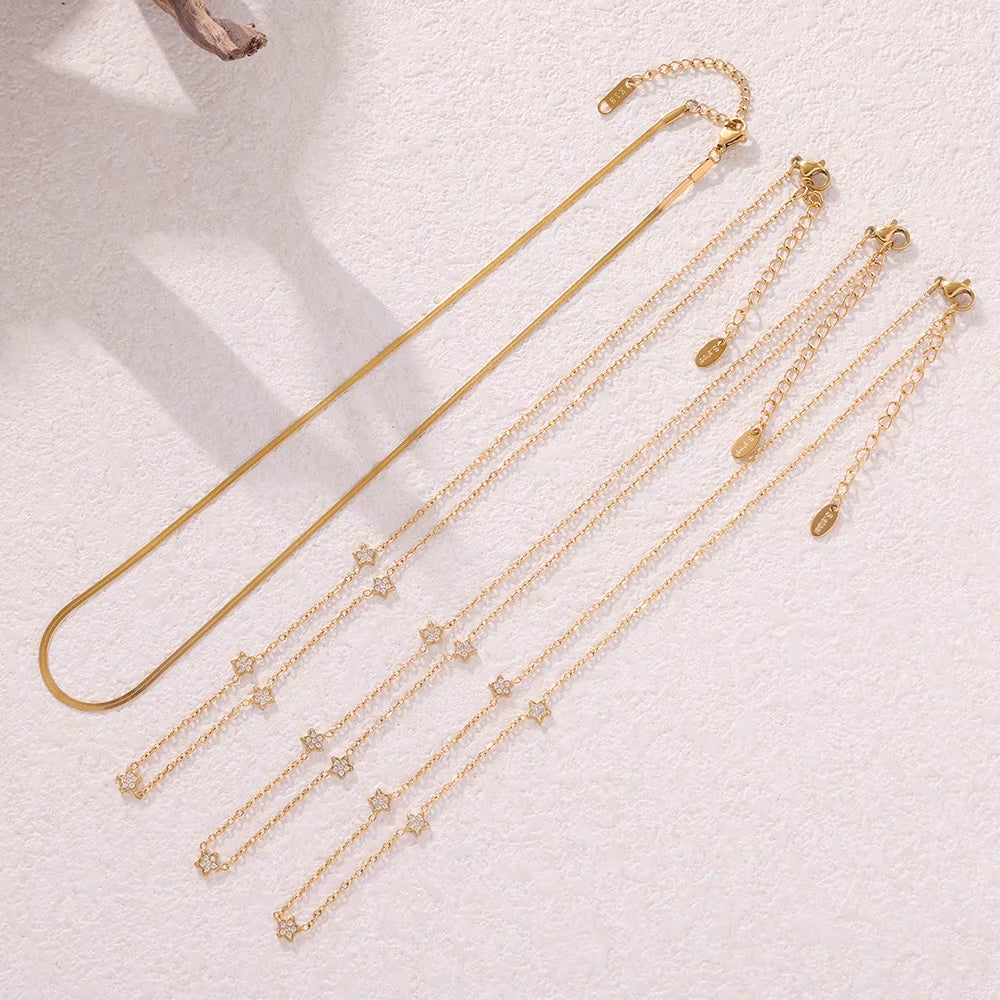 Fashion Star Bling Cubic Zirconia Necklace for Women 316L Stainless Steel PVD Gold Plated Collar Choker Daily Jewelry Gifts