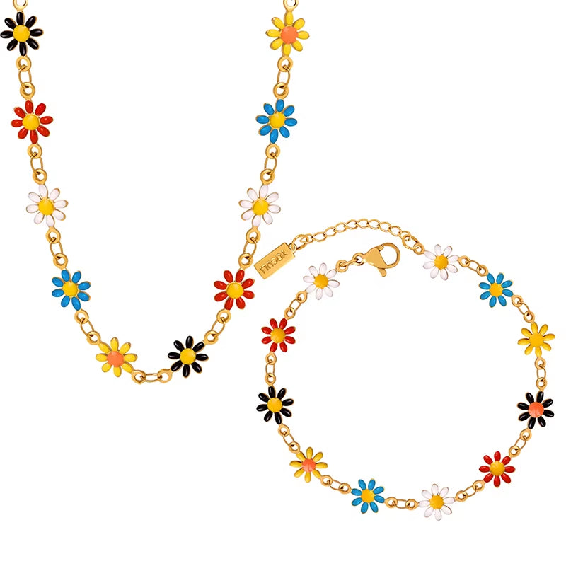 Modern Stainless Steel Necklace Bracelet for Women Flower Set Bohemian Colorful Oil Dropping Fashion Jewelry Accessories
