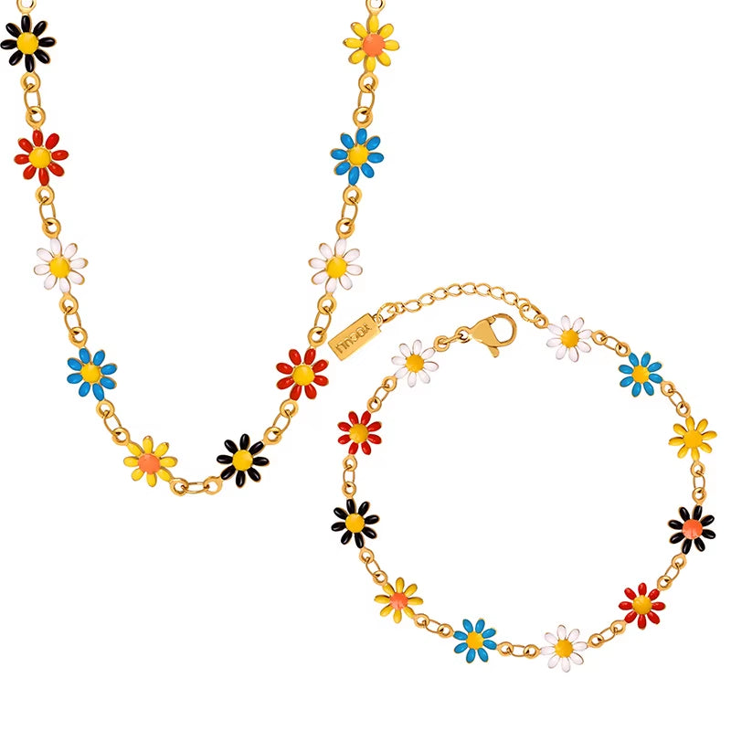Modern Stainless Steel Necklace Bracelet for Women Flower Set Bohemian Colorful Oil Dropping Fashion Jewelry Accessories