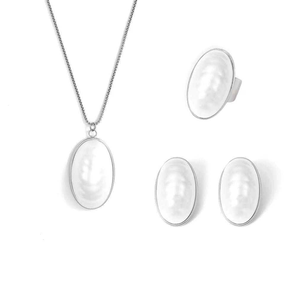 Stainless Steel Gold Plated Open Ring White Shell Oval Pendant Necklace Earrings Set Elegant Jewelry Accessories for Women