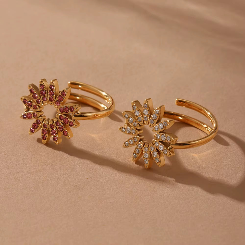 18K Gold-Plated Stainless Steel Ring Red White Zircon Sun Pendant Necklace Golden Bracelet Women'S Luxury Jewelry 3Pcs Set