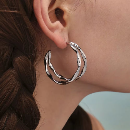 18K Gold-Plated Stainless Steel Earrings Large Stud for Women Golden and Silver Double-Layer Hoop Earrings Femme Luxury Jewelry