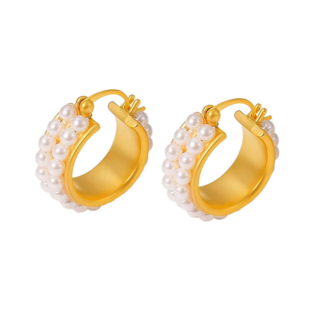 Fashion Double Row Imitation Pearl Earrings Women'S round Copper PVD Gold Plated Elegant Hoop Earrings Girls Jewelry Gift
