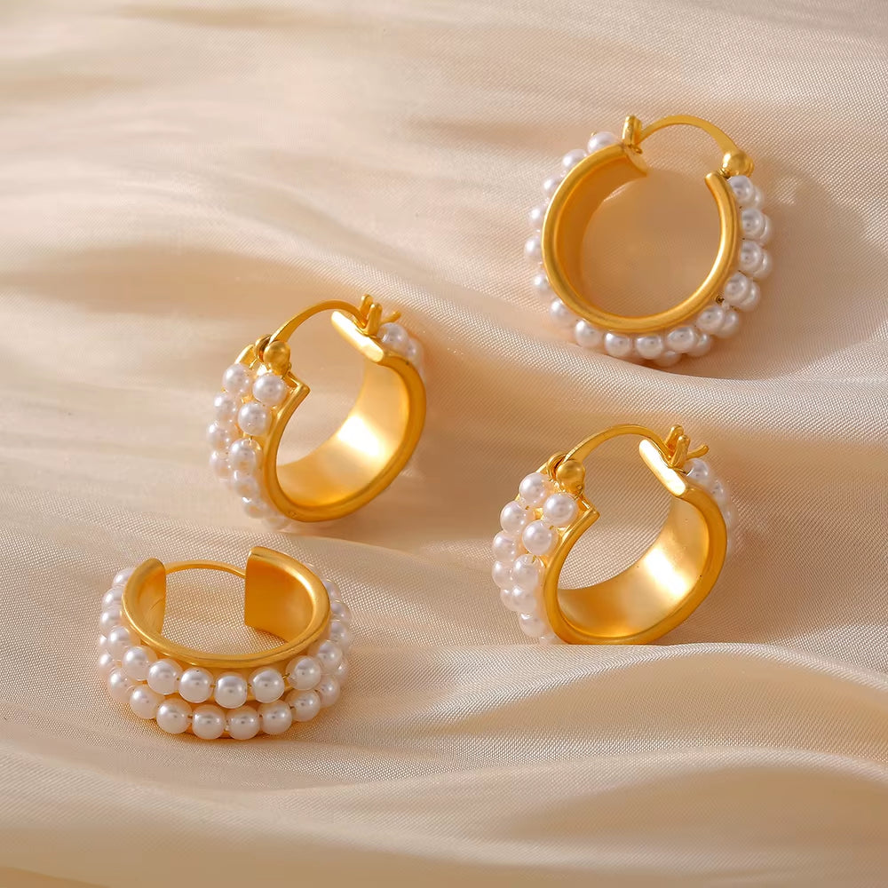 Fashion Double Row Imitation Pearl Earrings Women'S round Copper PVD Gold Plated Elegant Hoop Earrings Girls Jewelry Gift