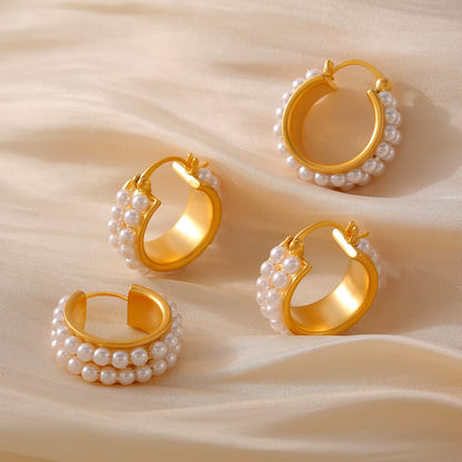Fashion Double Row Imitation Pearl Earrings Women'S round Copper PVD Gold Plated Elegant Hoop Earrings Girls Jewelry Gift