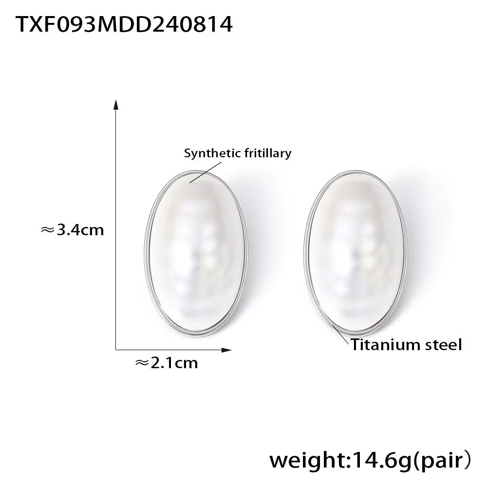 Stainless Steel Gold Plated Open Ring White Shell Oval Pendant Necklace Earrings Set Elegant Jewelry Accessories for Women